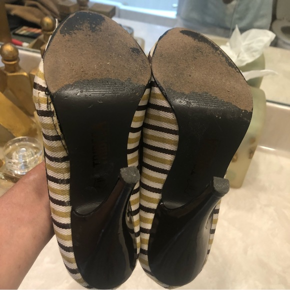 Tribeca peep-toe pumps, large rhinestone bling, white, gold, brown stripes, Sz 7 - Picture 8 of 13